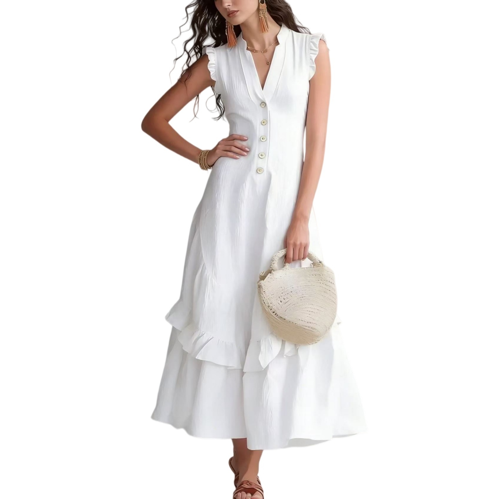 Boho Flowy Sleeveless Maxi Dress V-Neck Button-Front Ruffle Hem A-Line Skirt